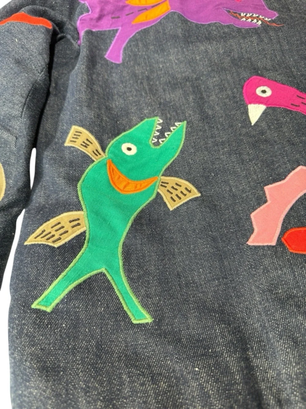 Vintage Girasol Mexican Whimsical Appliqué Denim Jacket Multicolor Animal Motifs